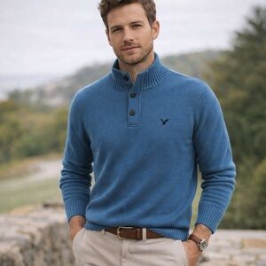 American Eagle Quarter Zip Cotton Sweater Blue Athletic Fit Preppy Classic Small